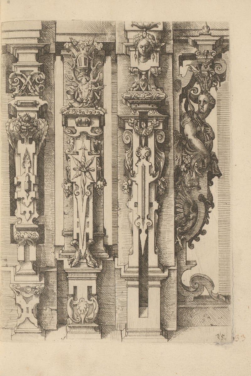 Four Corinthian pilasters decorated with scrollwork garlands and mascarons and o