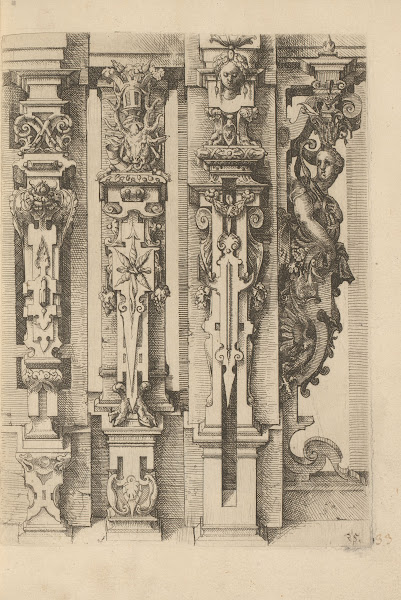 Four Corinthian pilasters decorated with scrollwork garlands and mascarons and o