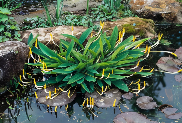 Orontium aquaticum Mazza d'oro in uno stagno fiorito