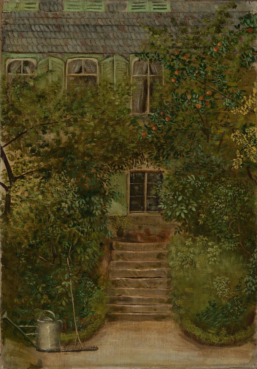 Garten eines Landhauses mit Giesskanne und Rechen ca 1890