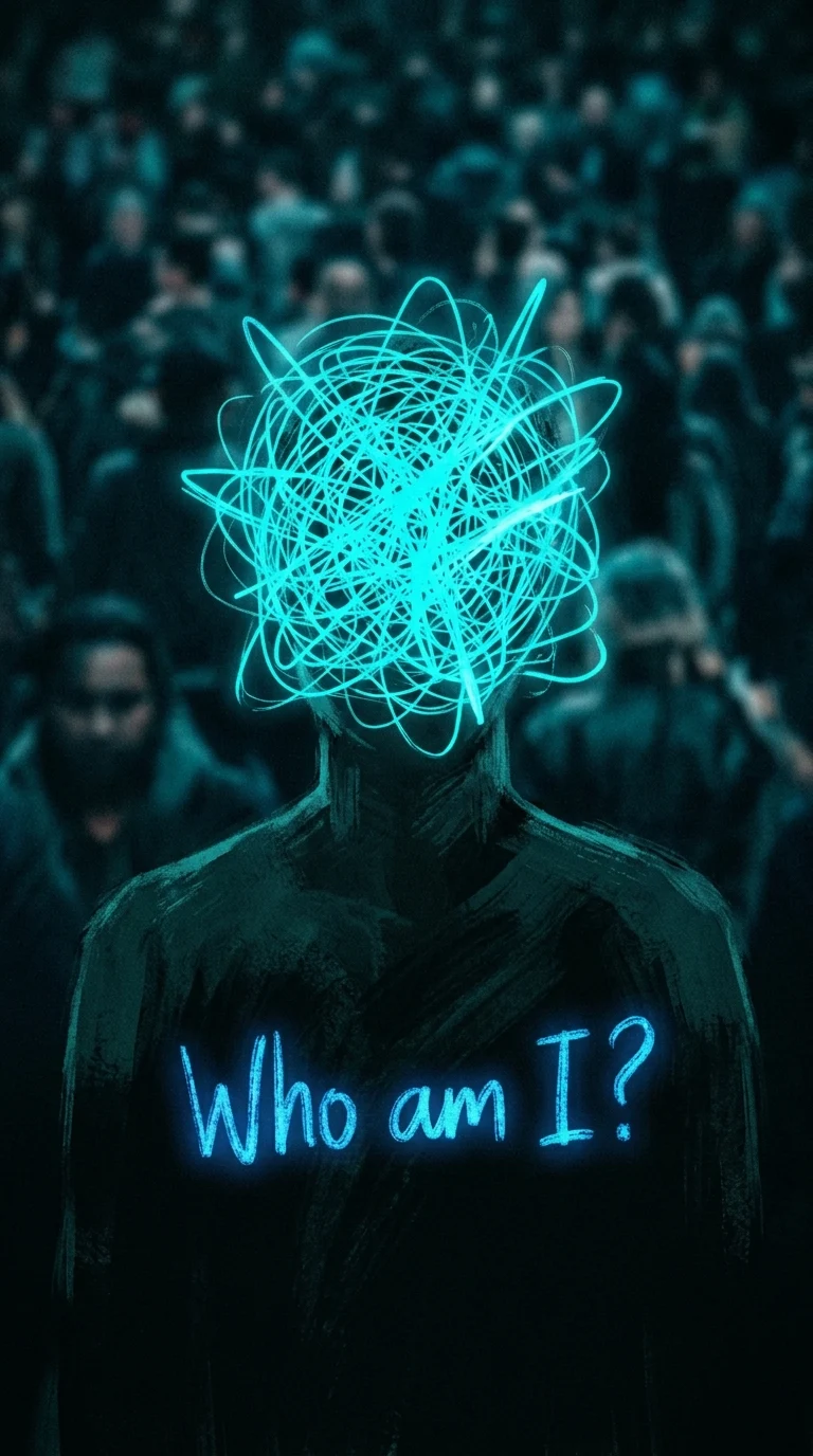 Scribbled Neon Blue Head Silhouette Over Blurred Crowd with Text Who Am I - Free 4K mobile Wallpaper