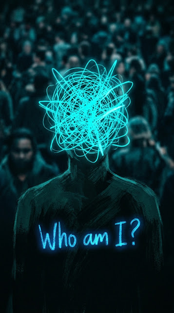 Scribbled Neon Blue Head Silhouette Over Blurred Crowd with Text Who Am I - Free mobile Wallpaper