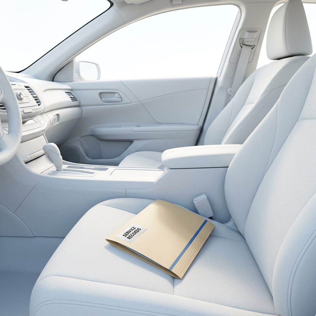 Close up of clean car interior with a folder labeled service records on passenger seat illustrating carvana trade in value documentation