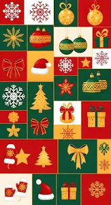 Festive Holiday Icons Pattern Red Green Gold Collage