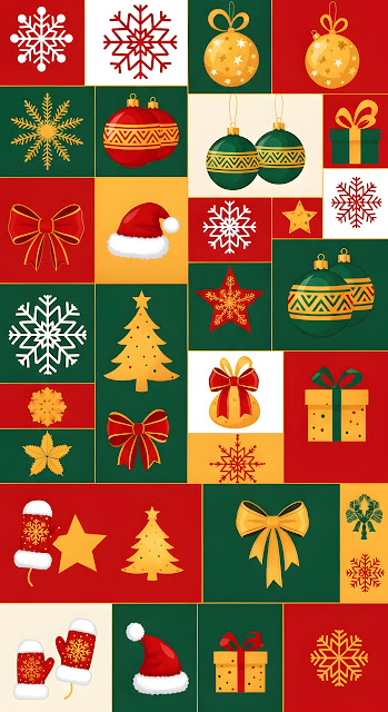 Festive Holiday Icons Pattern Red Green Gold Collage - Free mobile Wallpaper