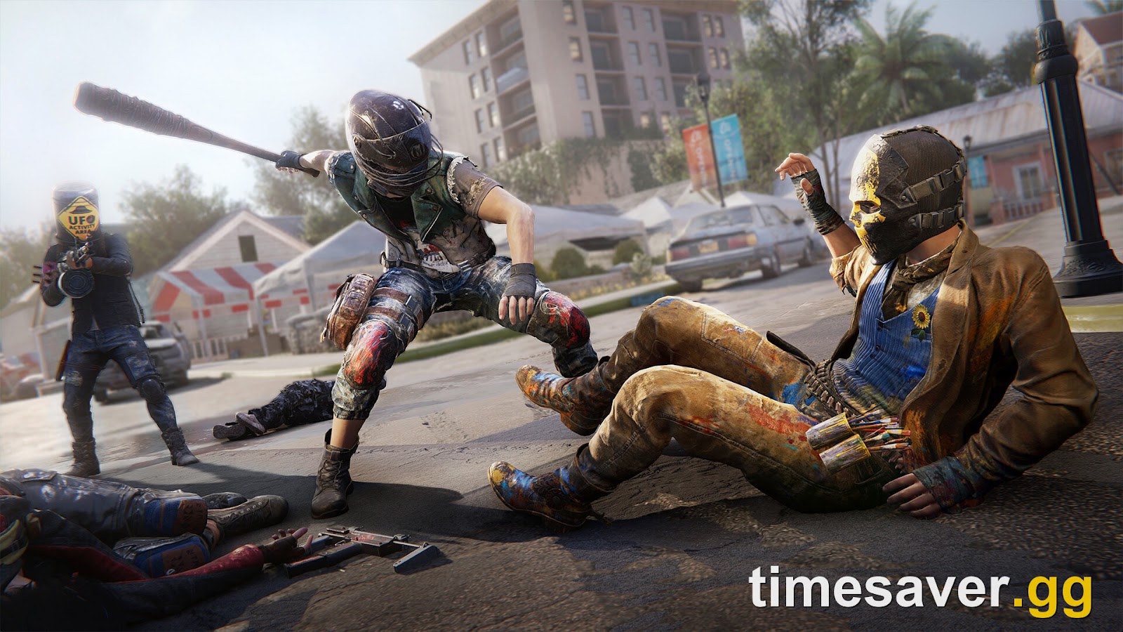 Once Human survivors in close-quarters melee combat against hostile enemies in a ruined town