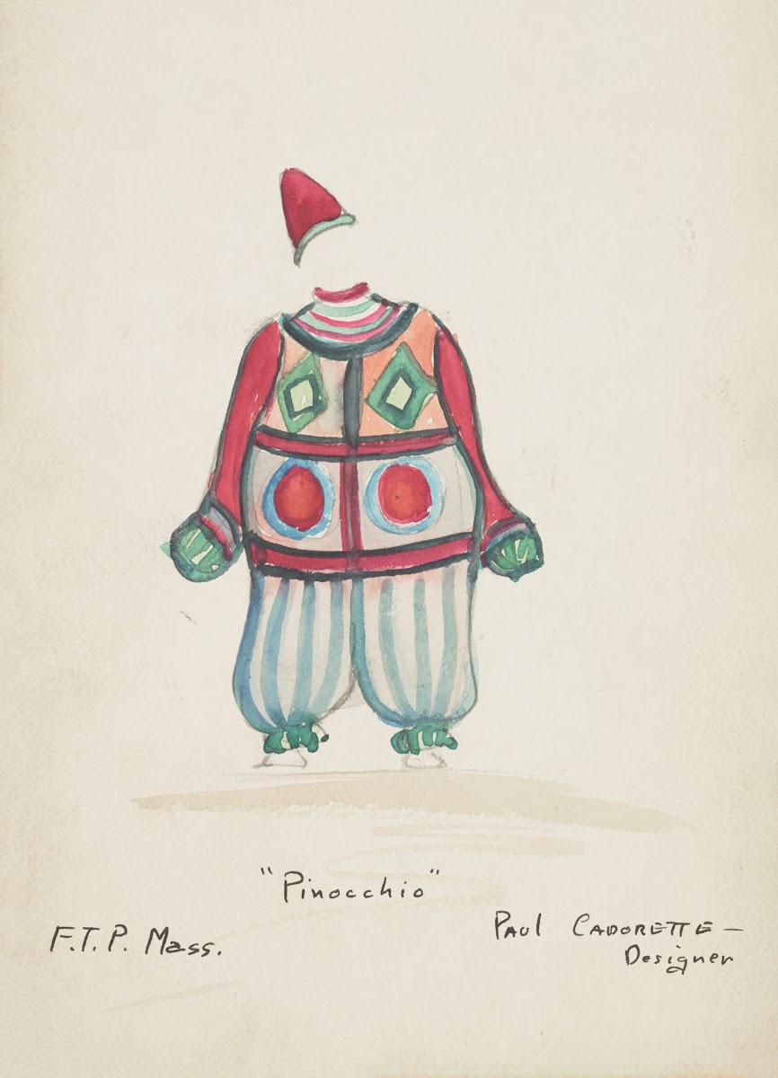 Pinocchio Striped green and white puffy trousers Red top with multicolored shape