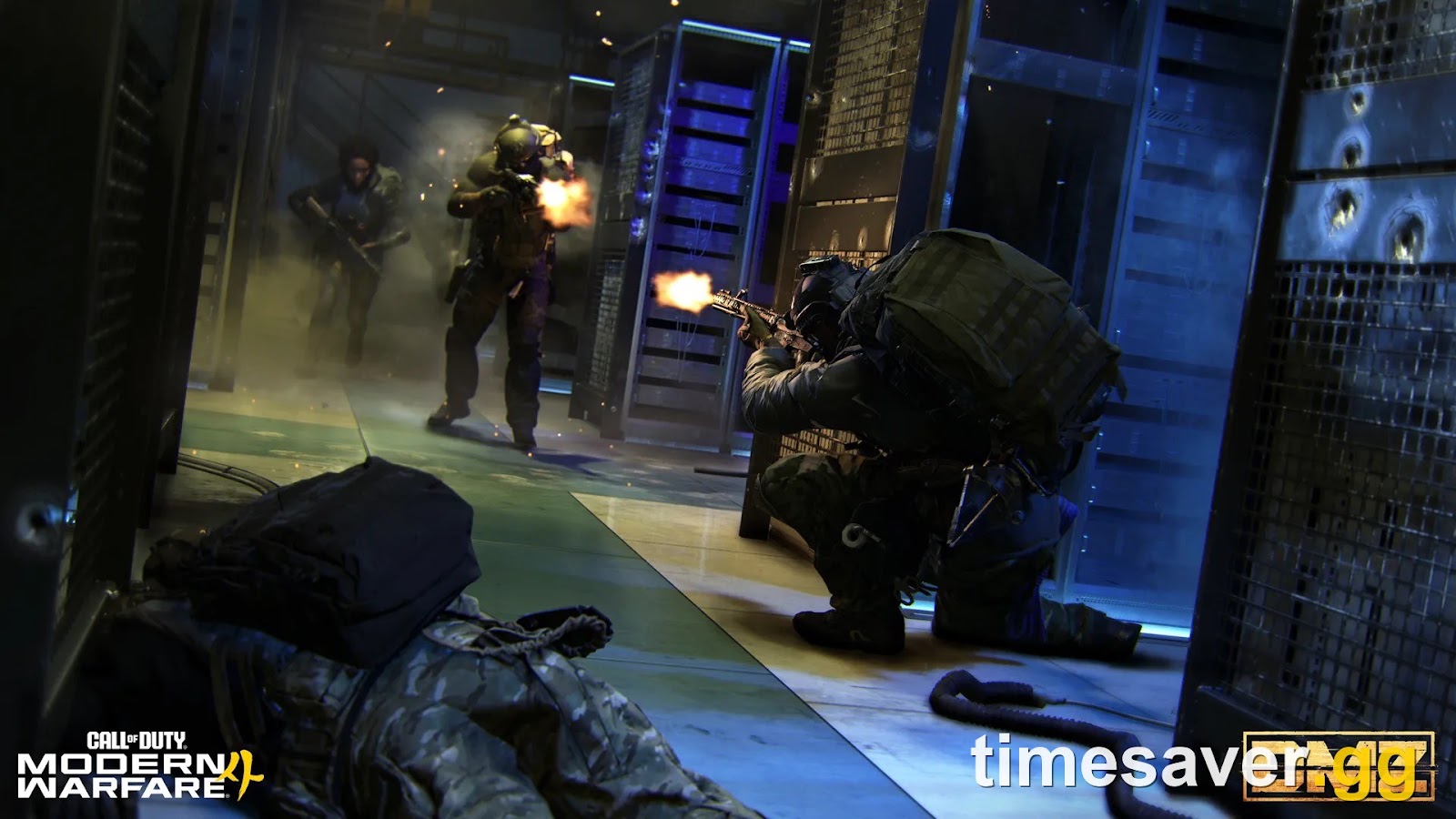 Modern Warfare 4 DMZ firefight in a server room, with a three-player squad trading fire inside the Hajin Exclusion Zone