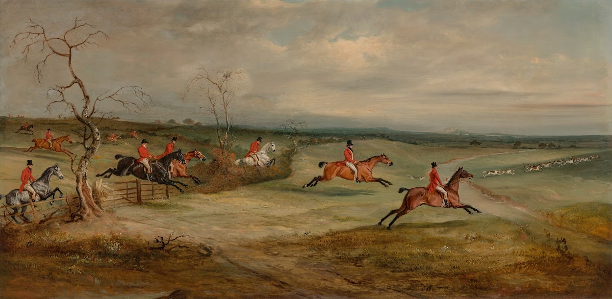 A hunt scurry  The Belvoir Hunt crossing the Smite with Belvoir Castle in the di