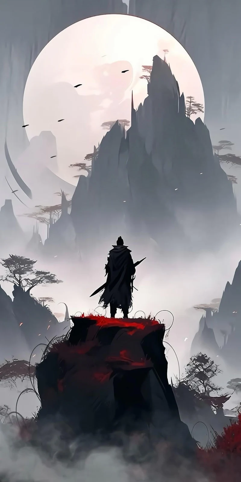 Lone Samurai On Misty Mountain - Fantasy Concept Art Full HD iPhone Wallpaper (1080x2160)