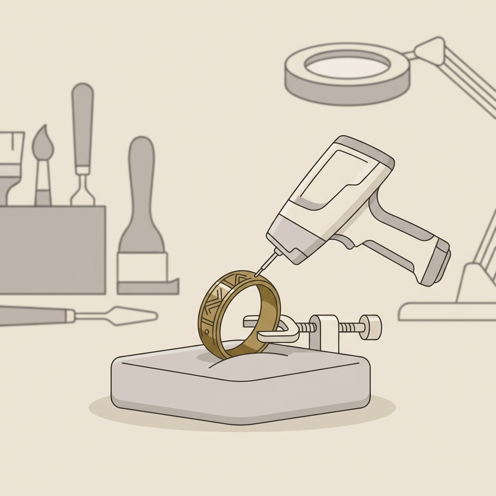 Minimalist vector illustration of a conservation lab showing an antique viking ring secured in a clamp beside an XRF analyzer on an ede7da background