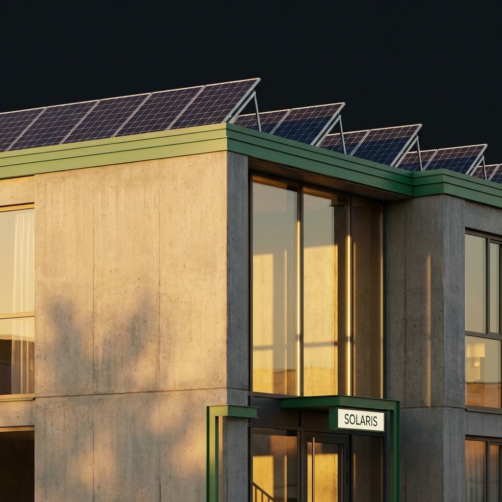 Close up modern multifamily building facade with rooftop solar panels at golden hour highlighting highest paying passive income opportunities
