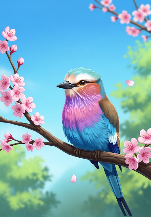 Colorful Bird on Blossoming Branch