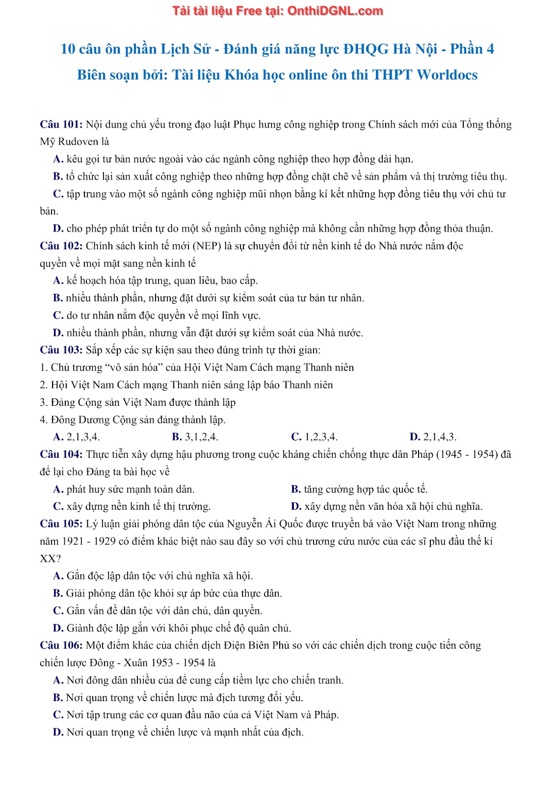 150 bài tập môn Sủ- Ôn thi ĐGNL ĐHQG HN Phần 4