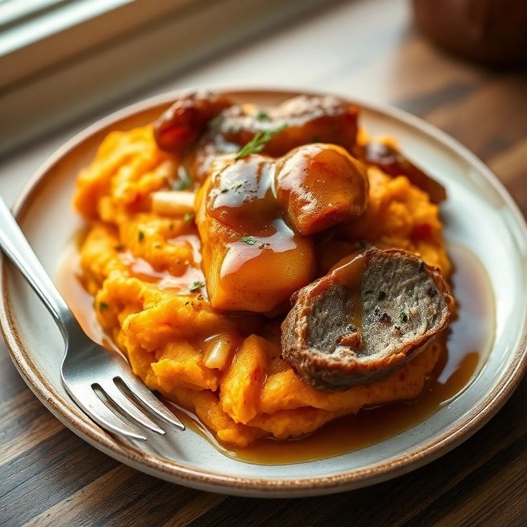Apple Cider Pork with Mashed Sweet Potatoes – Cozy, Sweet-Savory & Fall Comfort on a Plate! (Easy One-Pan Dinner) finished