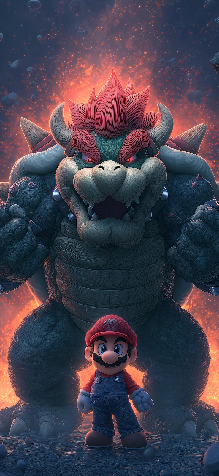 Mario and Giant Bowser - Digital Fantasy Illustration 2K iPhone Wallpaper (1879x4071)