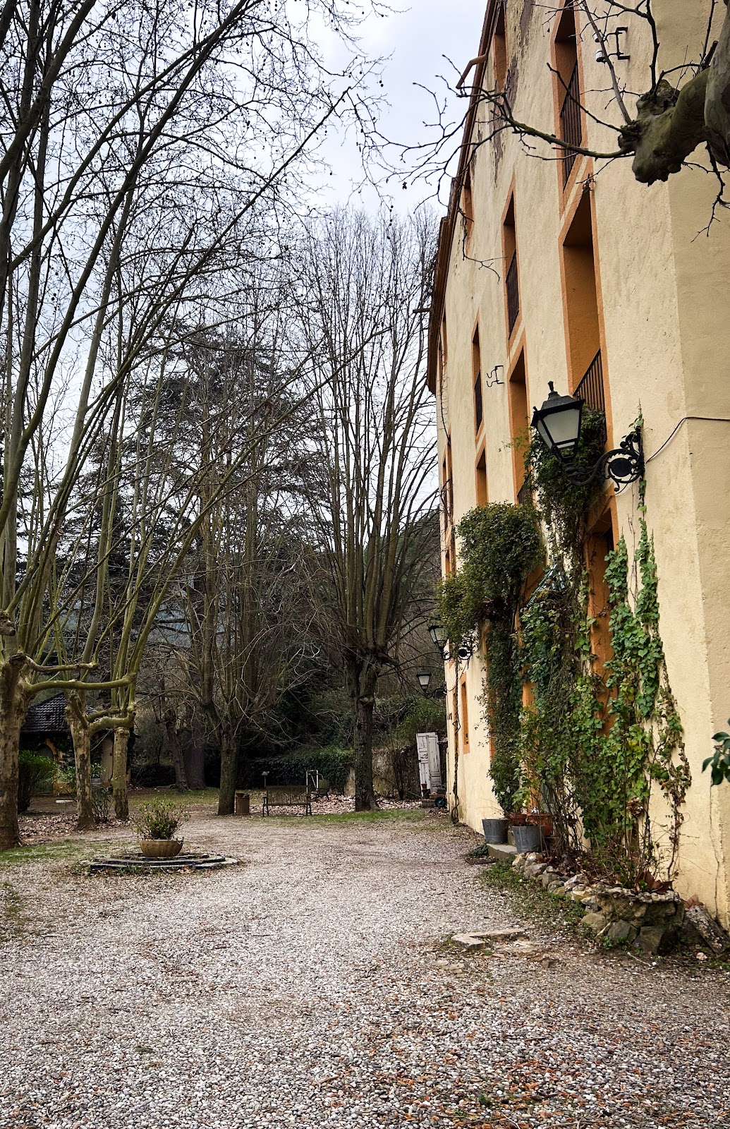 Font de l'Oca exterior with ivy and lanterns