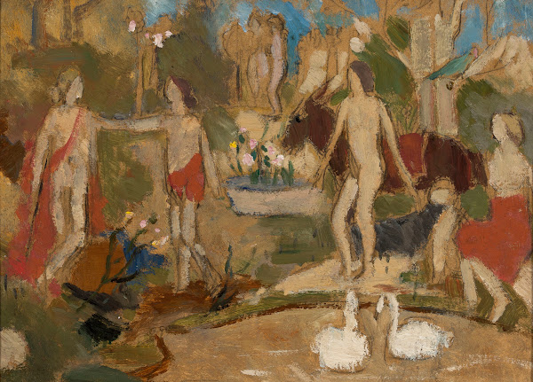 Garden scene with figures and swans 1909