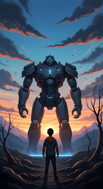 Boy Facing Giant Mech Robot at Dramatic Sunset Landscape - Free mobile Wallpaper