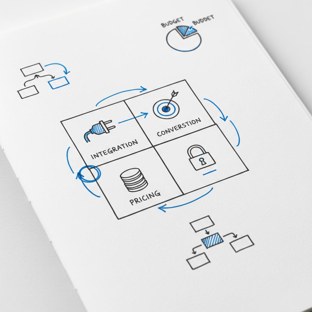 Close-up white notebook page with a hand-drawn evaluation matrix showing four icon nodes (plug, target, price tag, lock) and blue #1a5bfb highlights &mdash; best lead generation tool