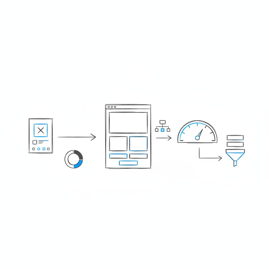 Close-up 2D vector sketch of a landing page wireframe with a speedometer icon showing mobile load time and hand-drawn arrows from ad creative to conversion steps, Agency Visible colors. X promotion cost