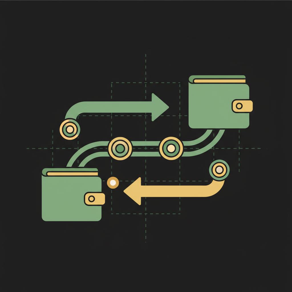 Minimalist 2D vector of coins moving between wallets with deposit and withdrawal arrows and a small network fee badge best app to buy crypto
