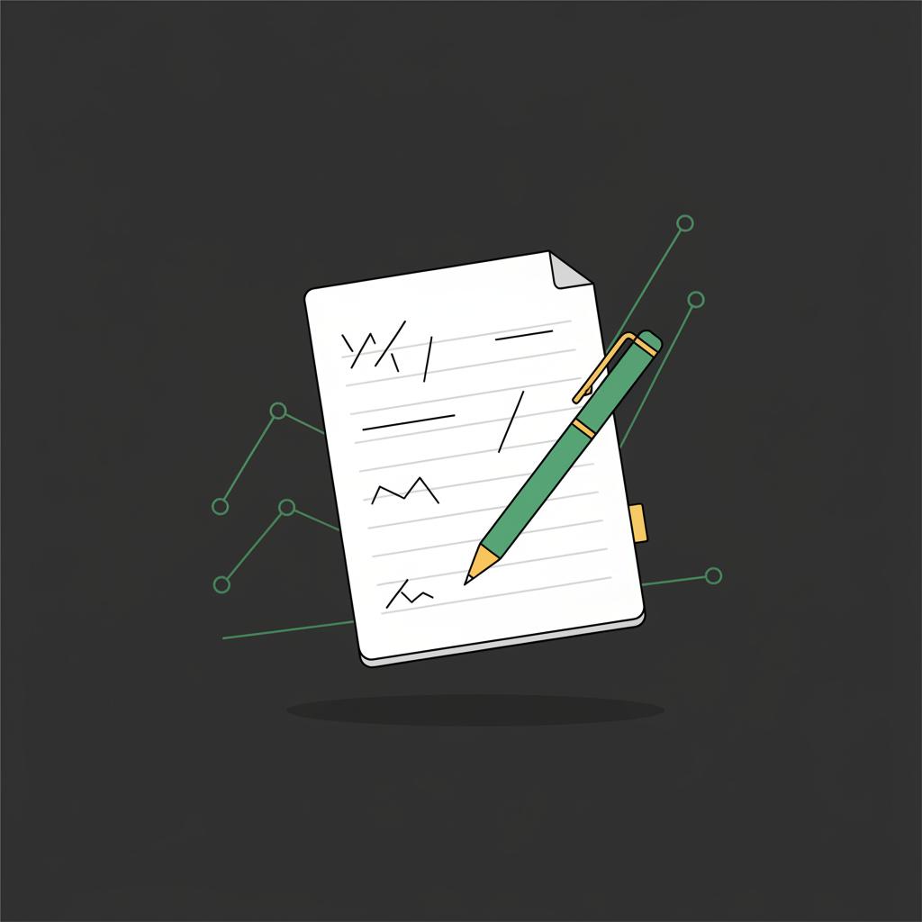 Minimalist 2D vector notepad and pen with faint review line chart on dark background suggesting trading notes and analysis how can we start trading