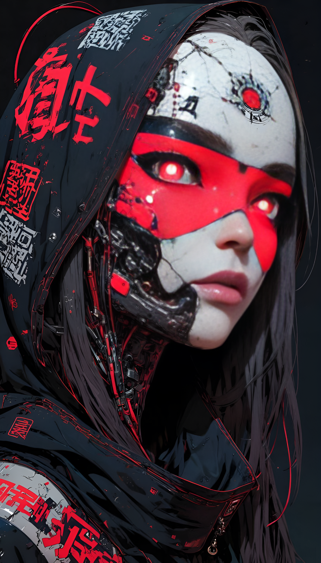 Dark Cyberpunk Android Portrait with Red Mask and Japanese Text Hood - Free 4K mobile Wallpaper