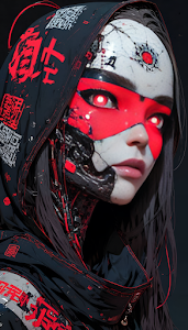 Dark Cyberpunk Android Portrait with Red Mask and Japanese Text Hood