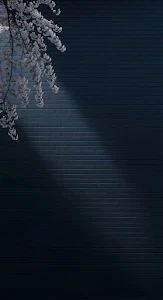 White Cherry Blossoms Against Dark Navy Brick Wall Texture