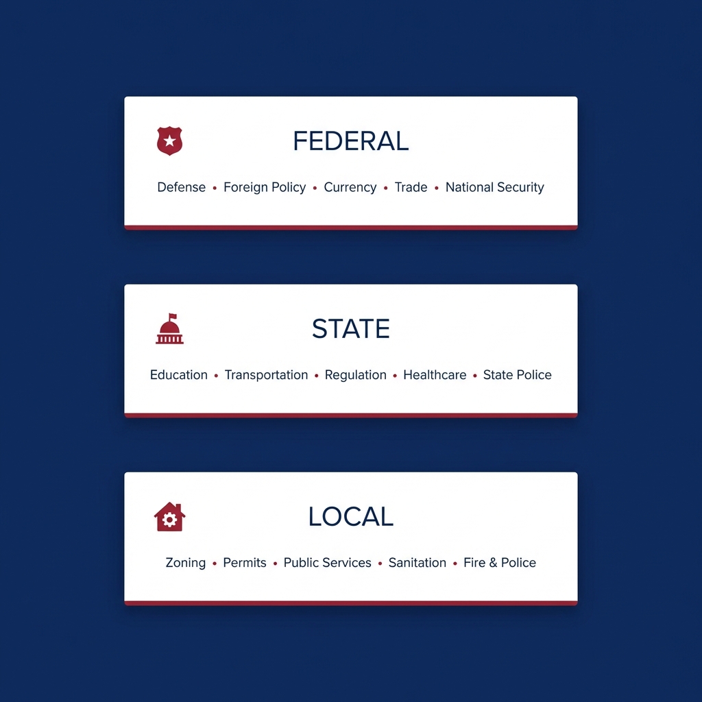 Minimalist full frame infographic of stacked blocks labeled federal state local showing core responsibilities on deep navy background hex 0b2664 representing constitutional republic
