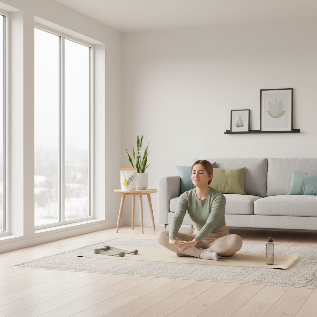 Minimalistische Home-Workout-Szene mit Yoga-Matte, Person dehnt sich im winterlichen Licht, dezente Vegardians-Farben, Produkt aus Referenzfotos sichtbar – Ölersatz beim Kochen