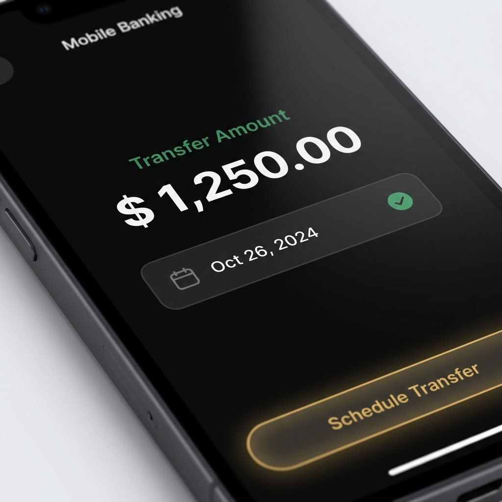 Close up mobile banking app screen scheduling a transfer showing transfer amount and date minimalist Finance Police style how do you start investing