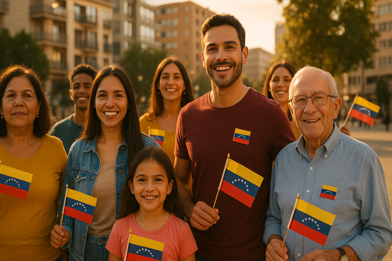 Venezolanos reunidos en una ciudad mediana, con banderas y sonrisas, al atardecer