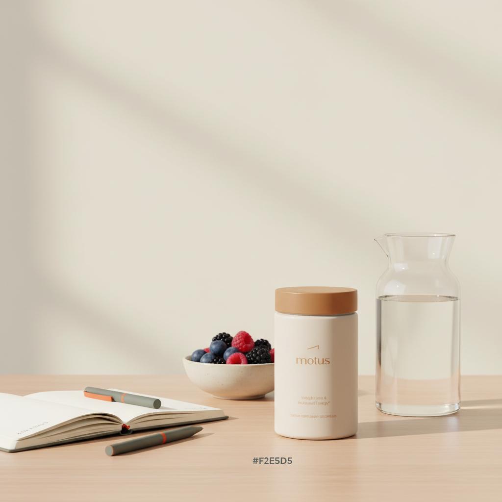 Motus container on a light wooden table with an open notebook, pen, glass carafe, and bowl of berries in a minimalist Tonum morning scene promoting fat burners without caffeine