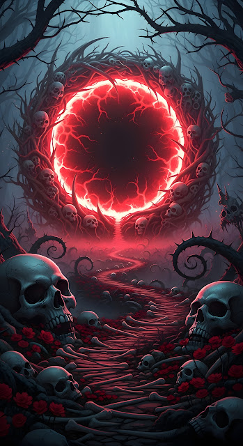 Gothic Skull Path Leading to Ominous Red Energy Portal - Free mobile Wallpaper