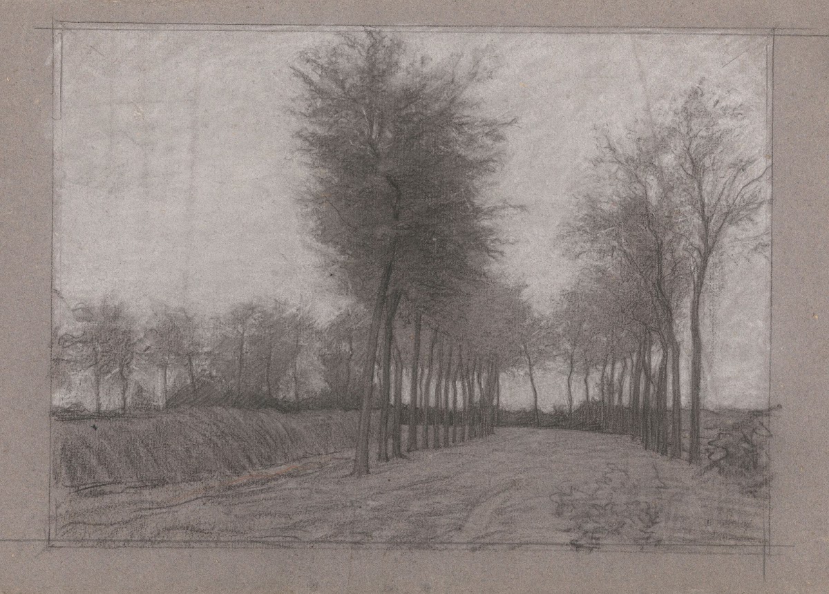 Landweg met bomen aan weerszijden 1874   1925