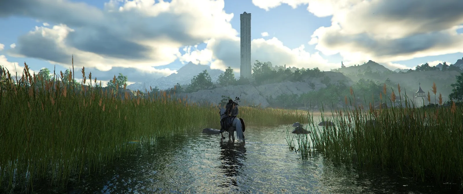 Rider Heading Towards Ancient Tower - Video Game Screenshot 4K Wallpaper (5160x2160)