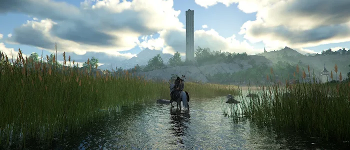 Rider Heading Towards Ancient Tower 4K Ultrawide Desktop Wallpaper