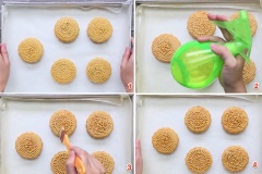 Nướng bánh lần 1 ở nhiệt độ 200 độ C trong 8 phút. Sau đó, lấy ra xịt nước để bánh nguội 15 phút, rồi phết một ít dầu mè lên bánh. Nướng lần 2 ở nhiệt độ 200 độ C trong 7 phút là bánh chín.