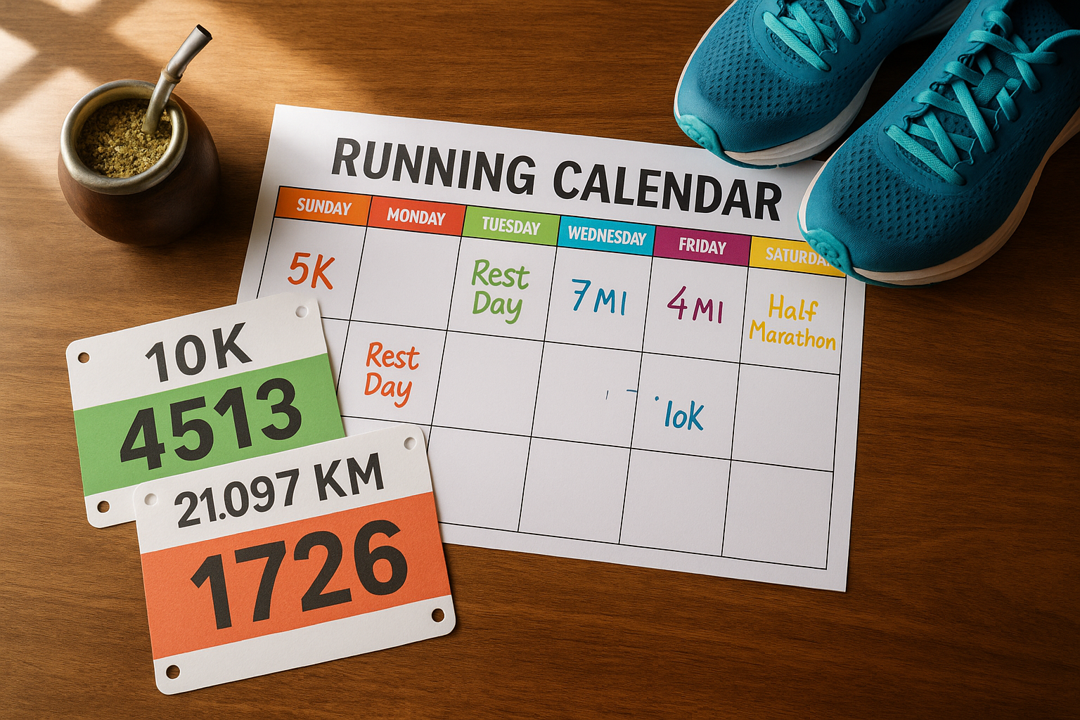 Planificador de carreras con dorsales y zapatillas de running sobre mesa de madera con mate argentino