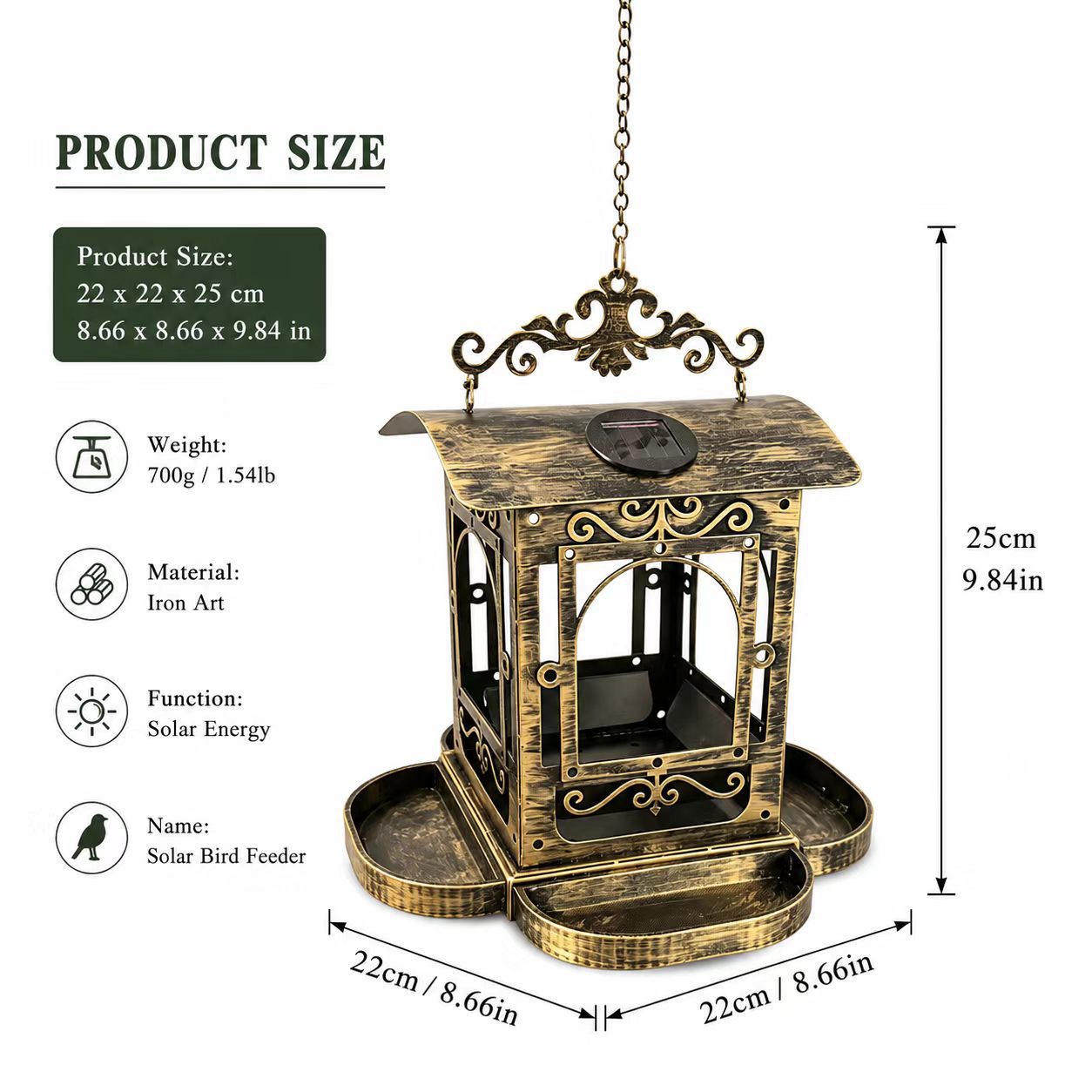 Hängende Solar-Vogelfutterstation aus Eisen, Antik-Bronze