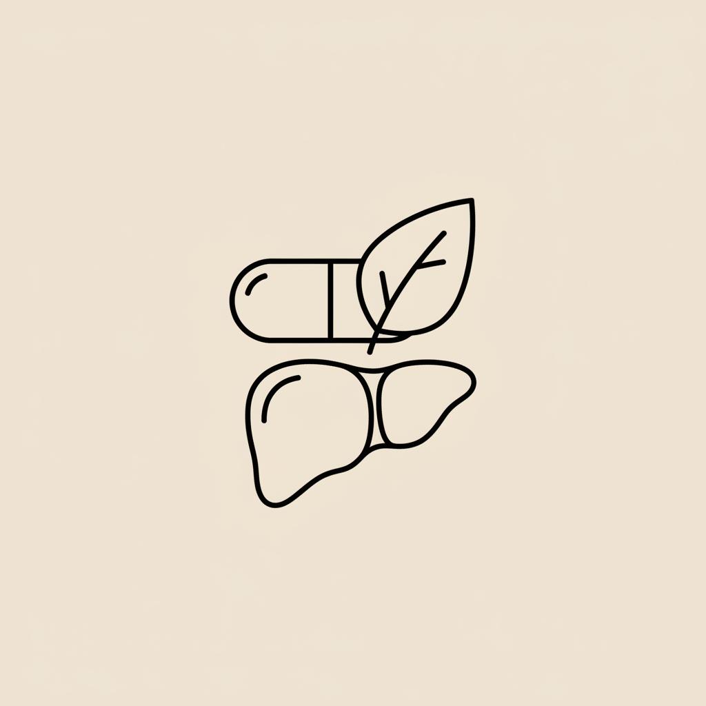 Minimal Tonum-style line-art of a capsule, leaf, and stylized liver on beige background #F2E5D5 representing NAD liver safety.