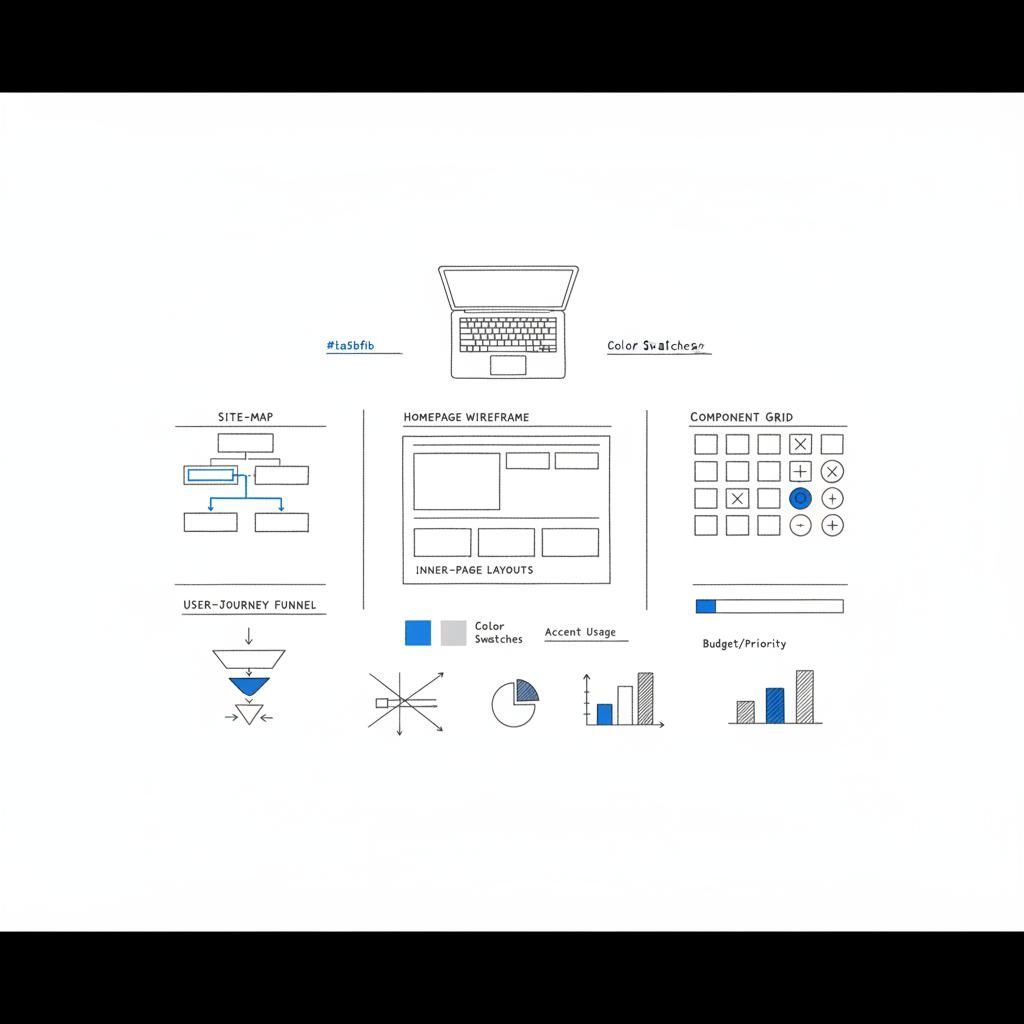Minimal 2D vector flat-lay of web design tools and wireframe sketches for WordPress on a clean white background, gray lines #39383f with blue accents #1a5bfb