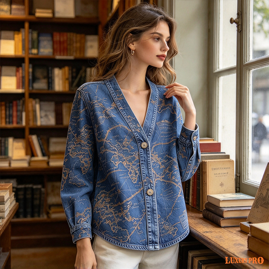 AOP Faux Denim Textured Cardigan