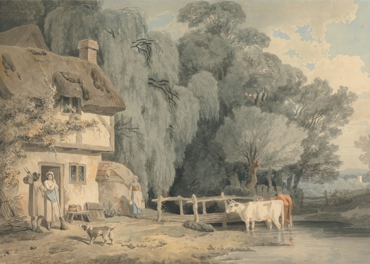 Country Scene Figures by a Cottage Door and Cattle in a Stream 1795
