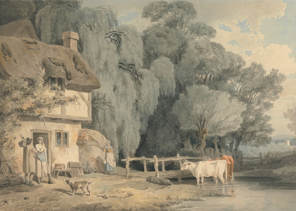Country Scene Figures by a Cottage Door and Cattle in a Stream 1795
