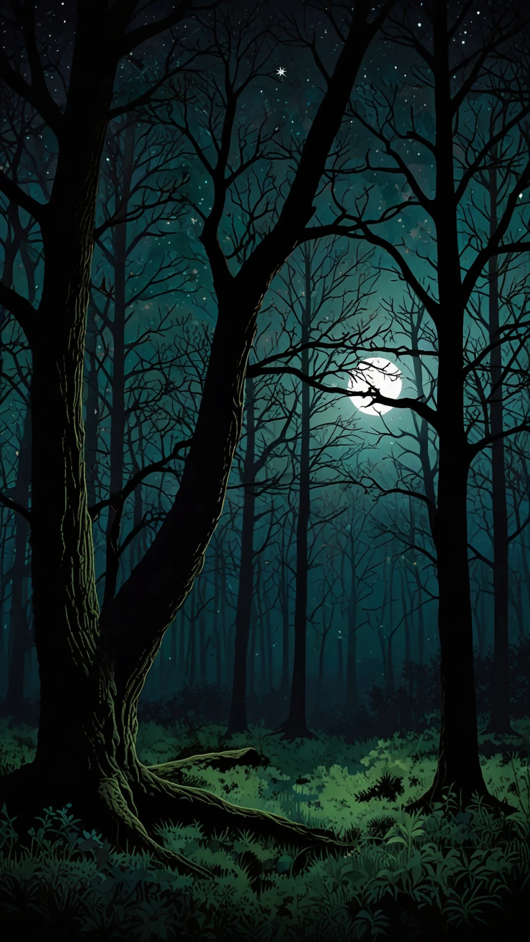 Stylized Dark Forest Night with Full Moon Illustration - Free 4K mobile Wallpaper