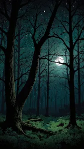 Stylized Dark Forest Night with Full Moon Illustration