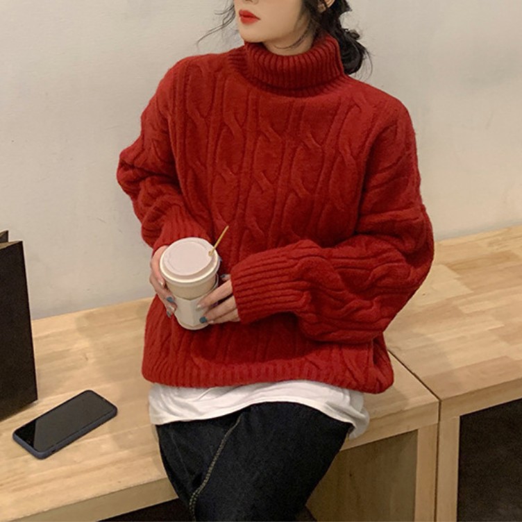 Damen-Strickpullover mit Zopfmuster und Rollkragen